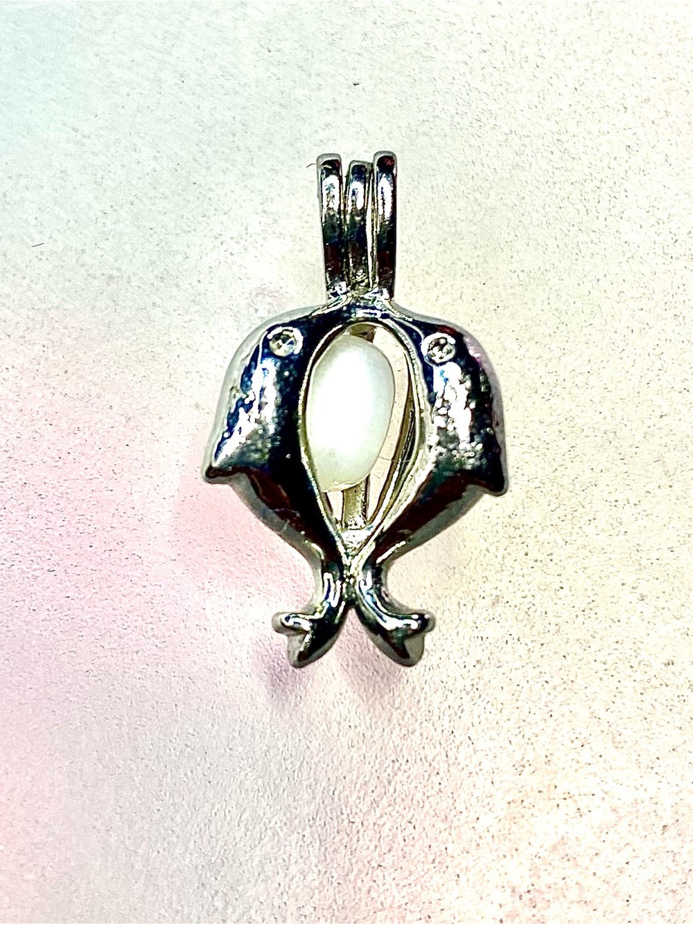 Dolphin Pearl Pendant in Shiny Silver Tone